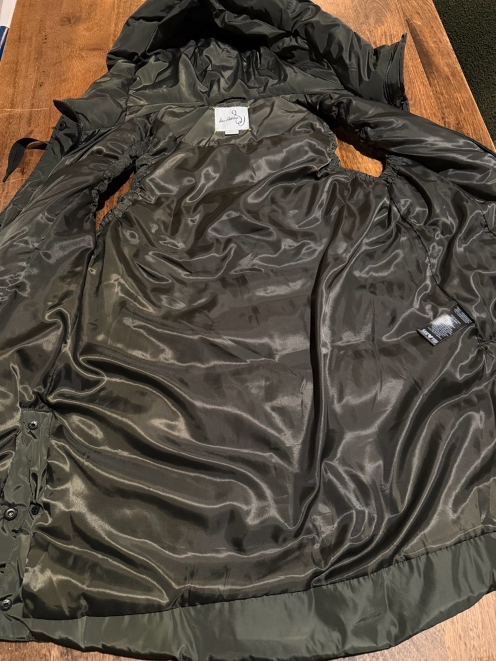 Sam Edelman Hooded Long Puffer Vest Dark Olive Green Small Adjustable Waist - S - Picture 10 of 16